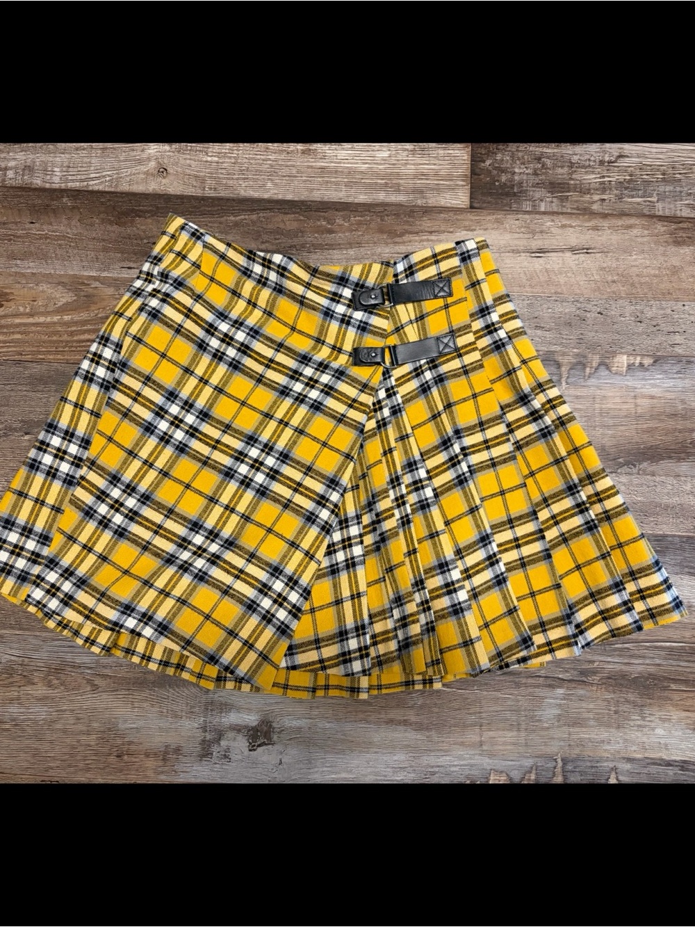 EUC MAJE Yellow Black Plaid Skirt Buckle Detail 38 M 6 - Picture 3 of 8